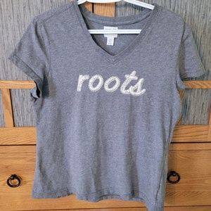 Roots women's casual loose fit t-shirt Ash grey embroidered logo, size Large